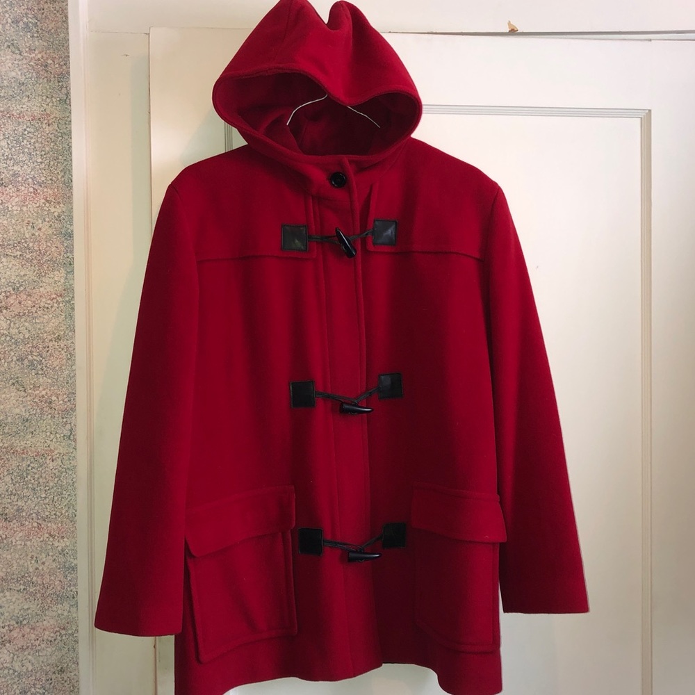 Women’s vintage pea coat with a hood.